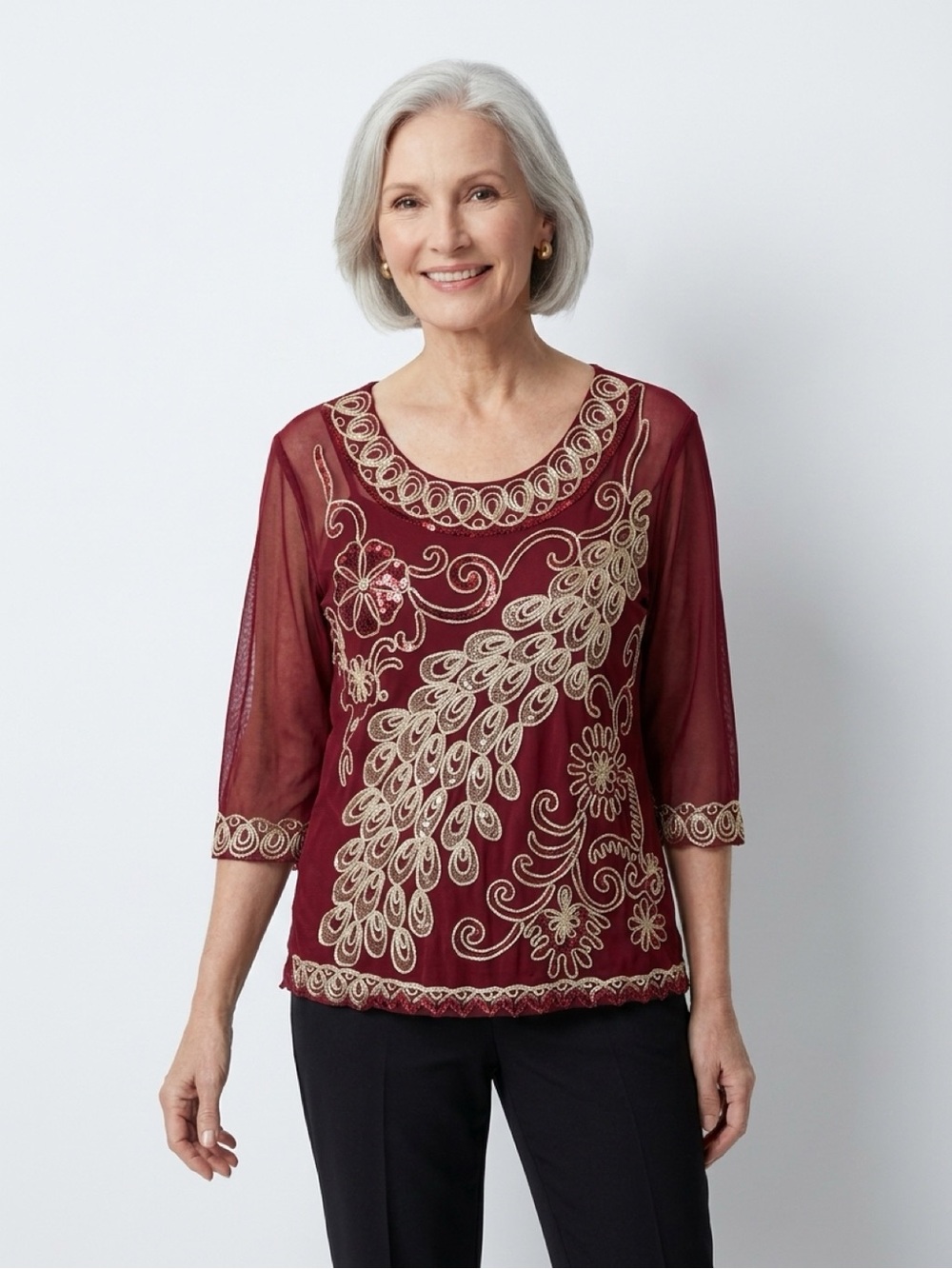 Simply Couture Art Deco Burgundy Sequin Peacock Tunic Blouse XXL